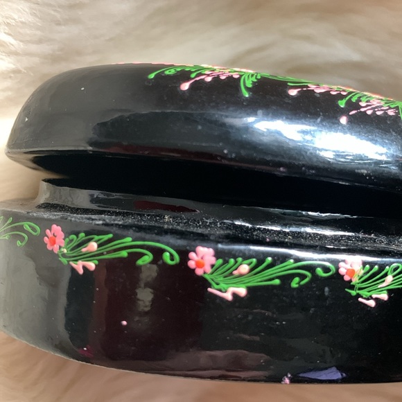 Vtg 70's hand painted black lacquered WOOD trinket box coaster set LOT - Picture 11 of 12